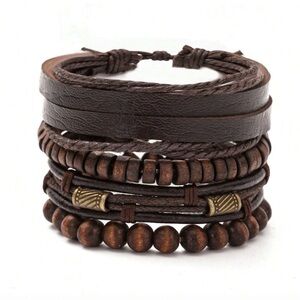 4 pc Brown Layered Vegan Leather & Wood Bead Bracelet